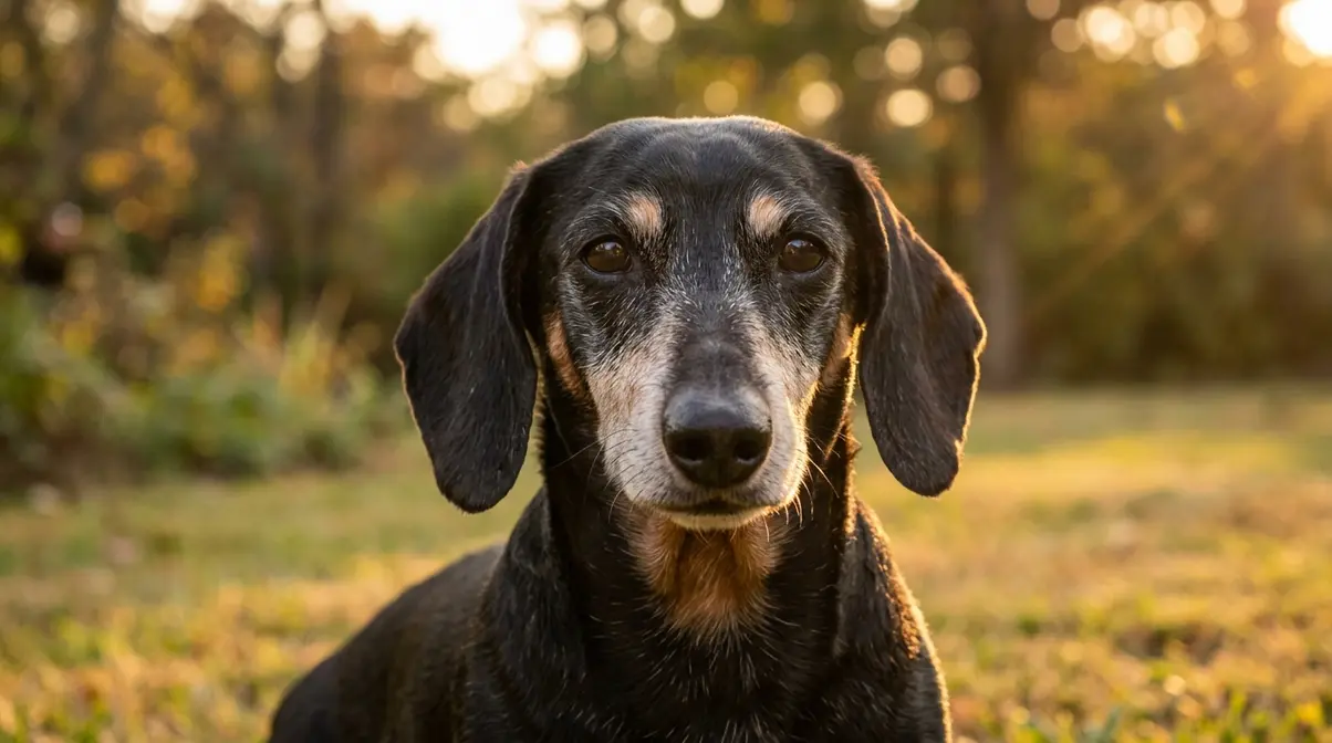 Close-up of a senior black and tan dachshund with a greying muzzle