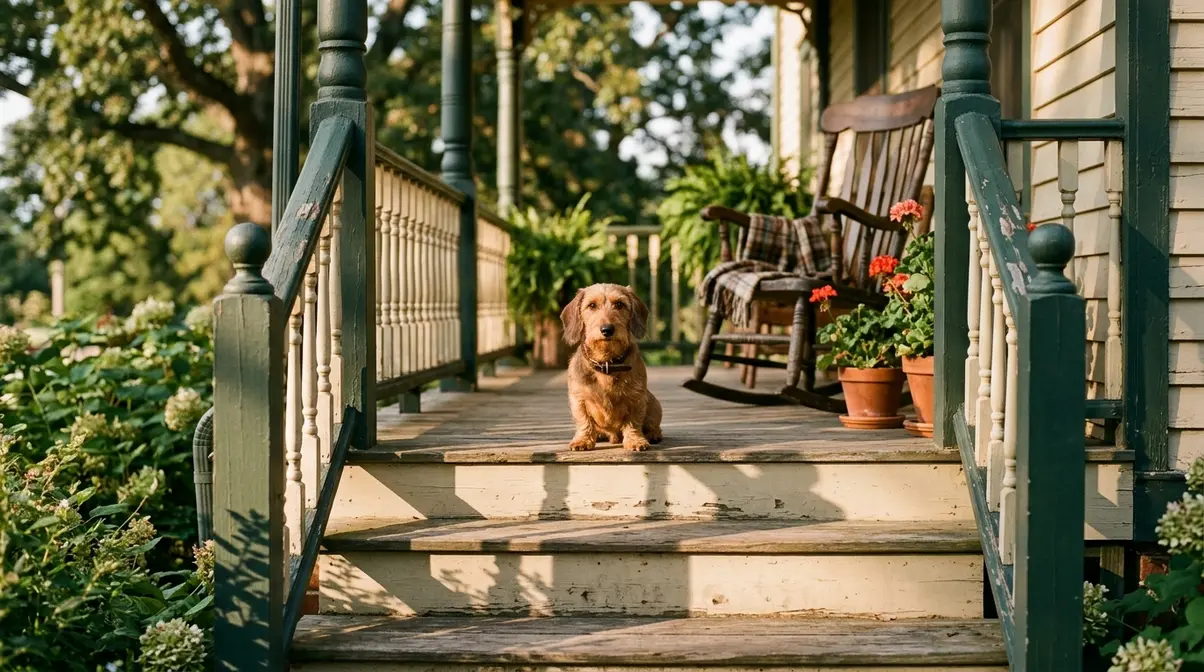 Dachshund sitting on an early 20th-century American wooden porch, representing the breed's history in America