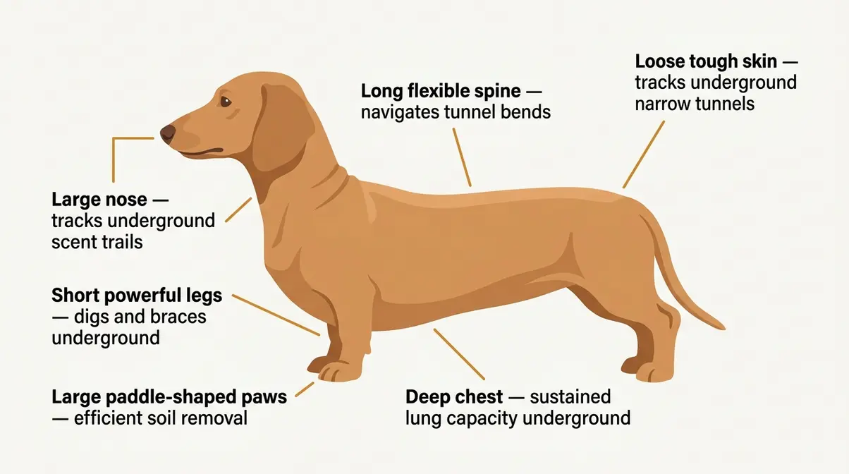Annotated dachshund anatomy diagram showing how long spine, short legs, large paws, and deep chest were engineered for underground badger hunting
