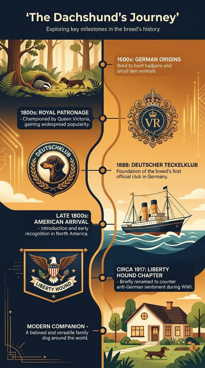 Vertical infographic timeline showing the origin of the dachshund from 17th-century Germany to modern day