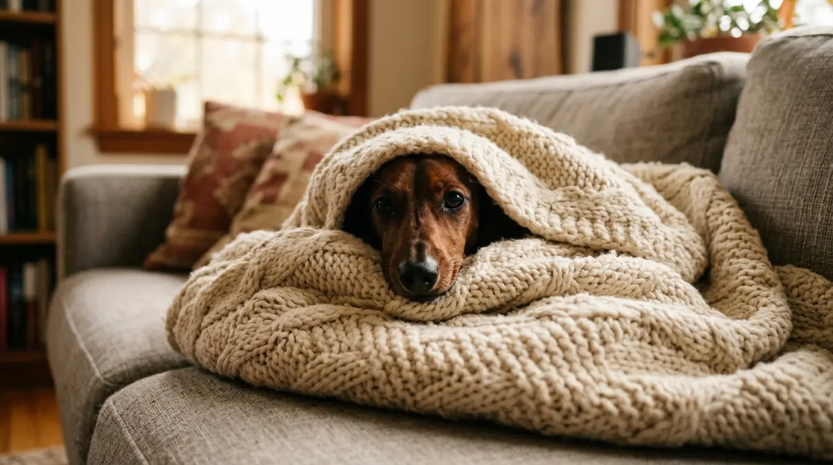 Dachshund burrowed under a blanket on a sofa, showing the breed's instinctive tunnel-entry behavior rooted in hunting history