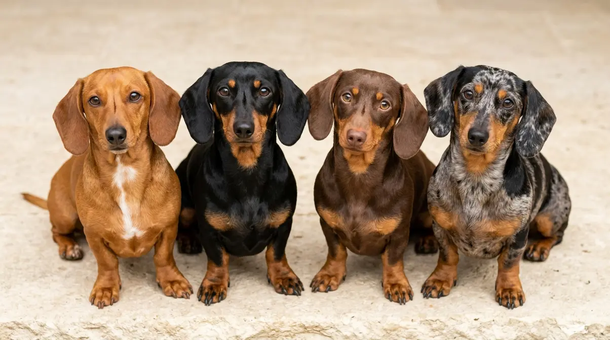 Short hair dachshunds in four coat colors including red black and tan chocolate and tan and dapple pattern