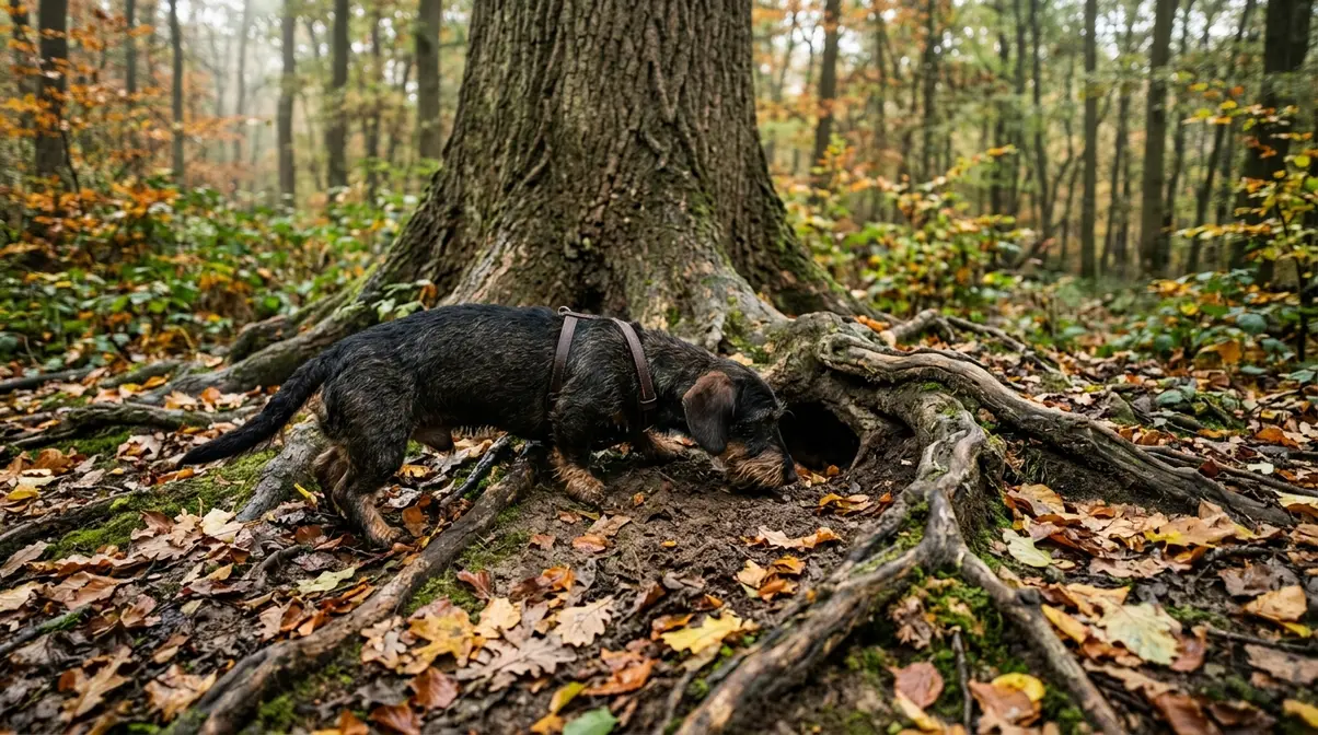 Dachshund investigating a natural burrow entrance in a German forest, showing the breed's origin environment