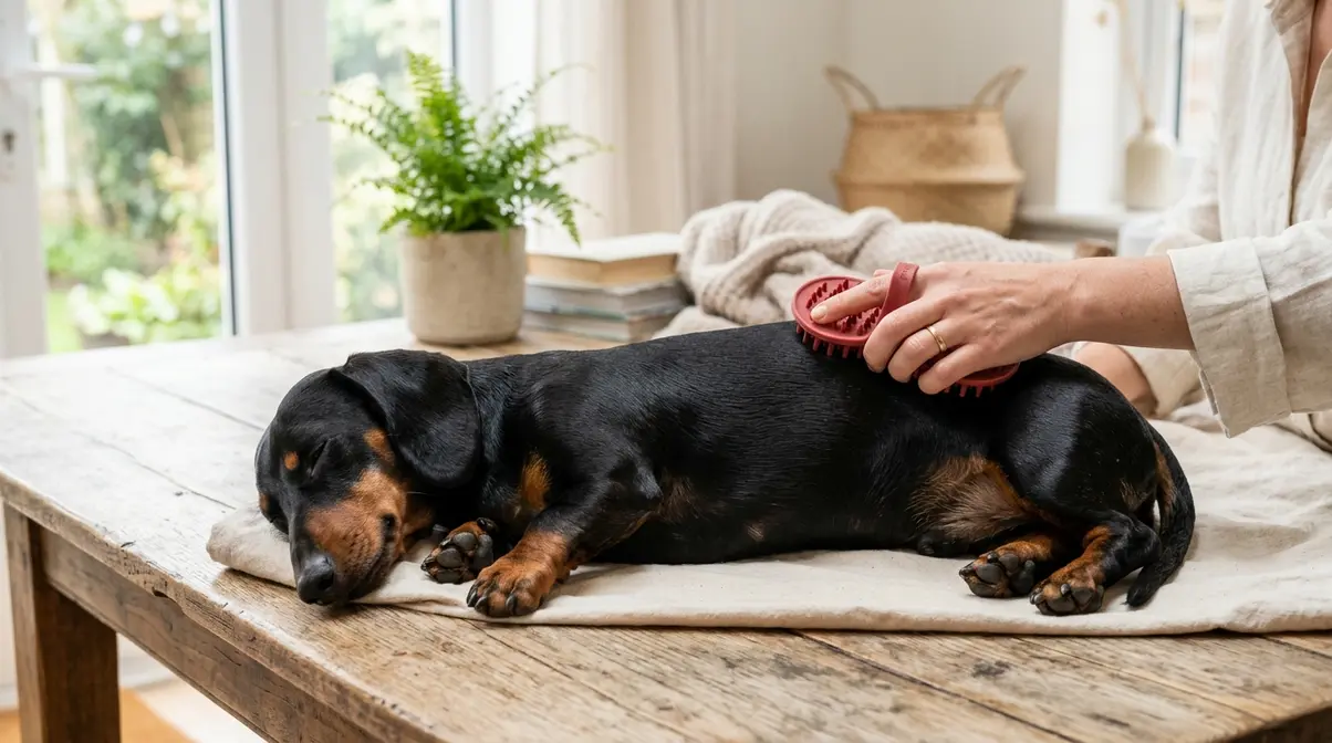 Short hair dachshund being groomed with rubber curry brush on wooden table in bright home setting