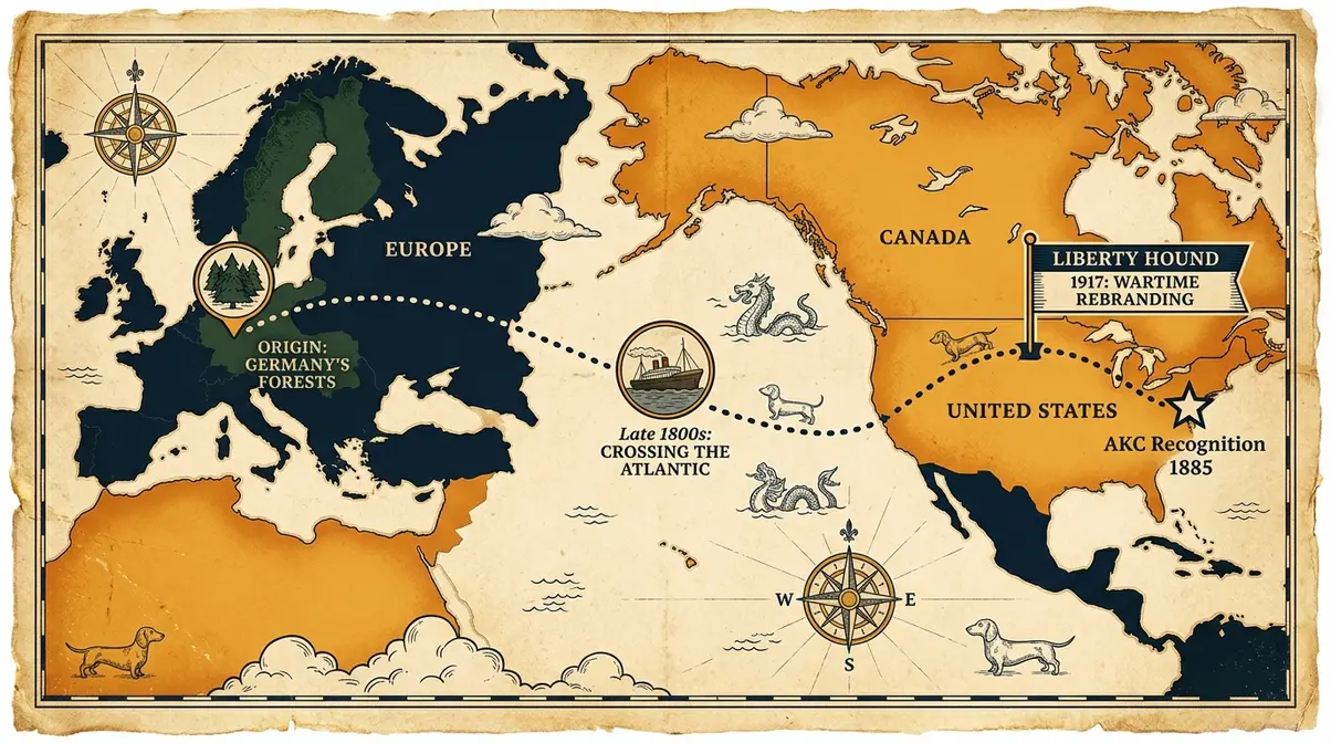 Illustrated map showing the dachshund's migration from Germany to the United States in the late 19th century with historical milestones marked