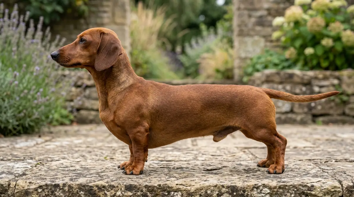 Smooth-haired dachshund in perfect side profile showing long spine, short legs, large paws, and deep chest