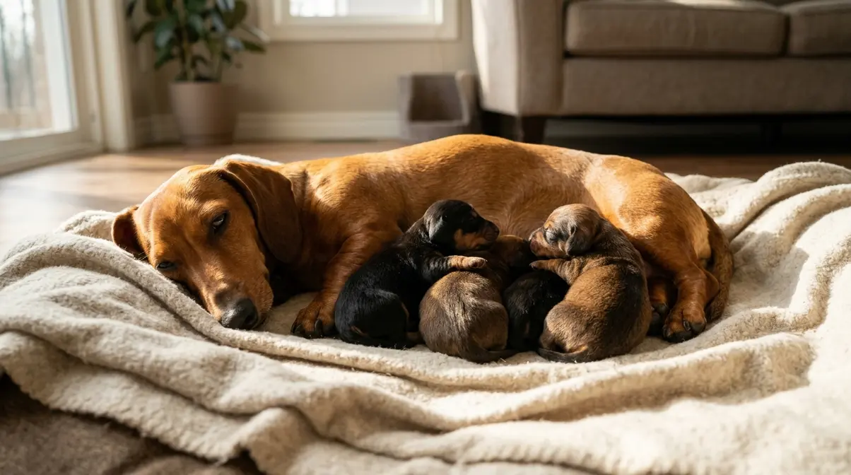 Dachshund mother lying with her puppies on a soft blanket