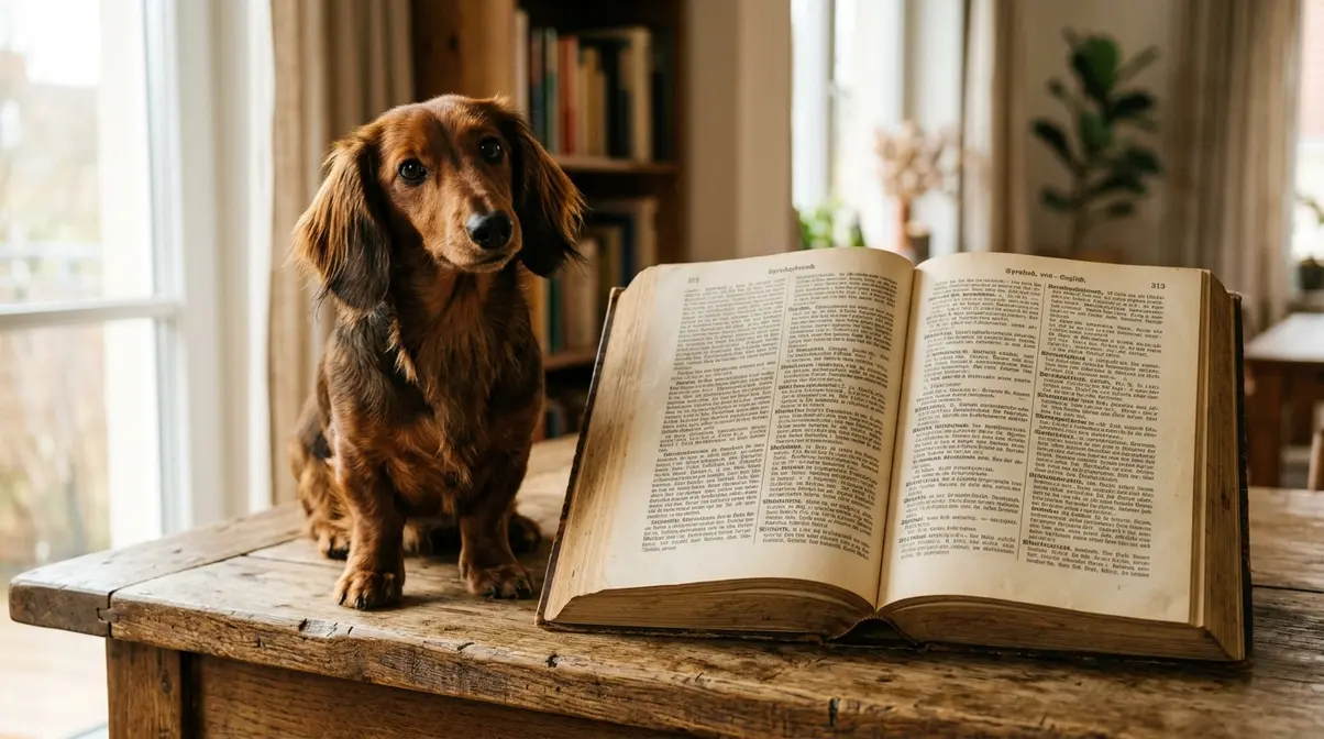 Dachshund sitting beside a vintage German dictionary, illustrating the breed's German name and etymology