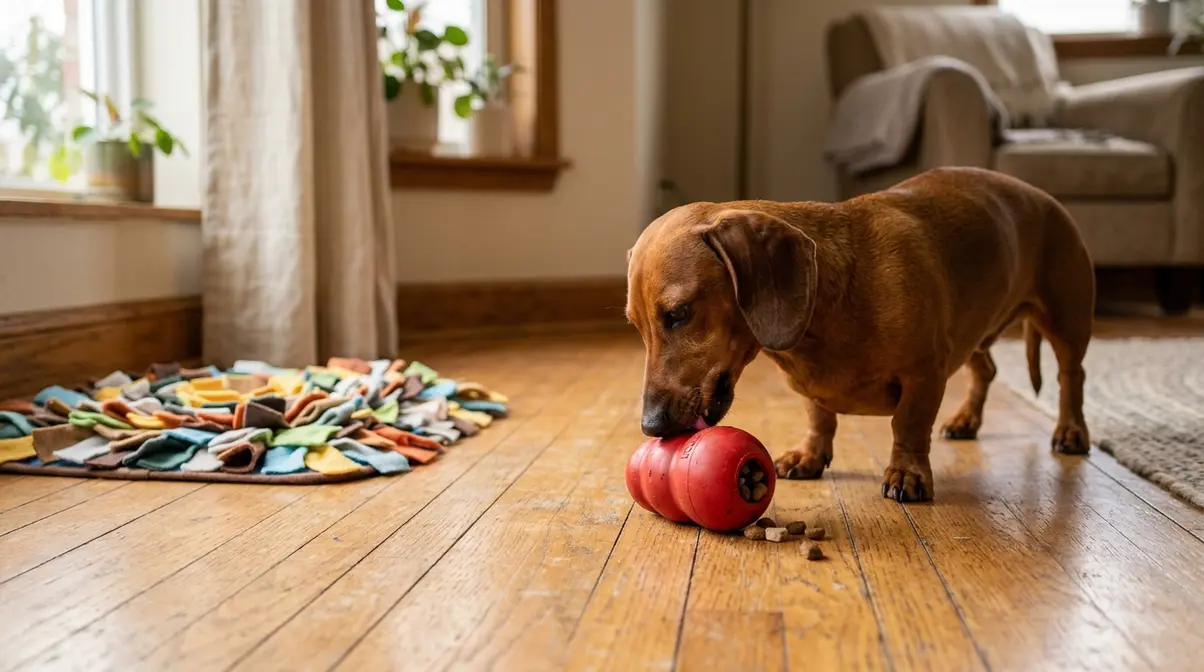 Short hair dachshund using rubber Kong puzzle toy independently on wooden floor to manage separation anxiety