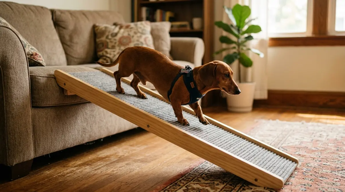 Short hair dachshund walking down wooden pet ramp from sofa demonstrating IVDD spine-safe home setup