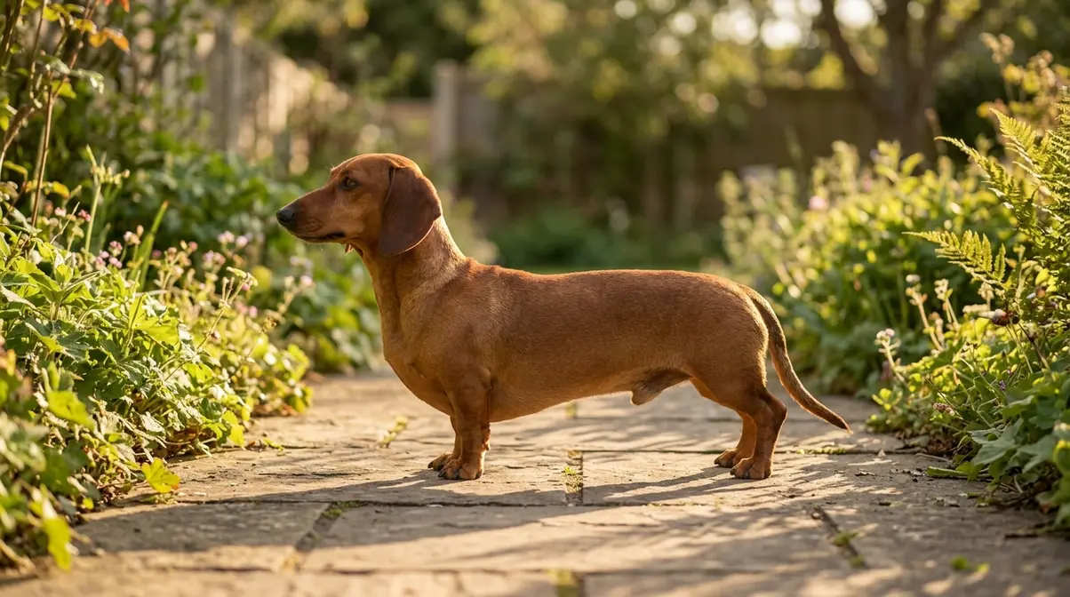Dachshund standing in profile on a garden path, showing its long back