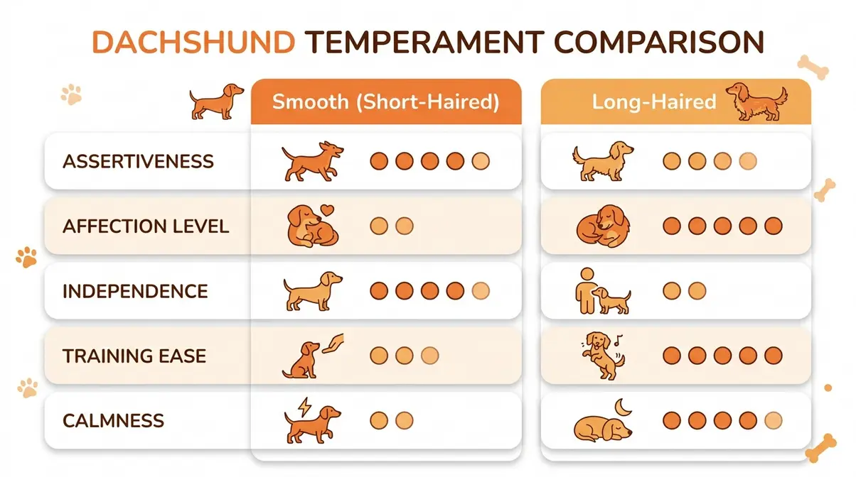 Short hair dachshund temperament comparison infographic showing personality traits versus long-haired dachshund variety