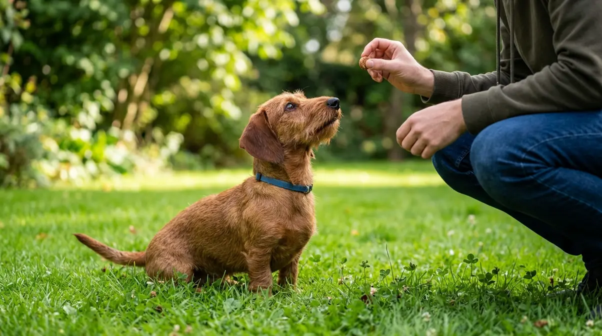 Short hair dachshund sitting attentively during positive reinforcement training session with owner outdoors