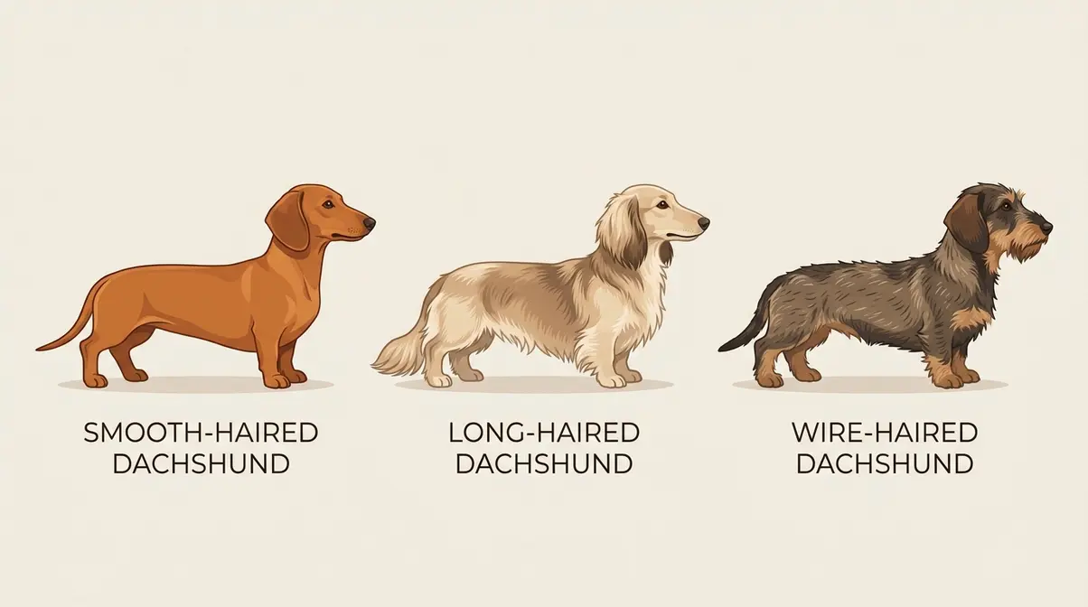 Side-by-side illustration of smooth-haired, long-haired, and wire-haired dachshunds showing coat texture differences