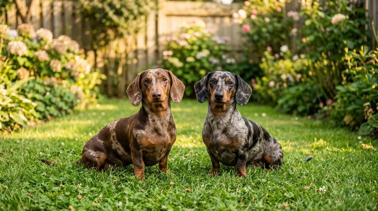 Two single dapple dachshunds sitting together on garden lawn in afternoon sunlight
