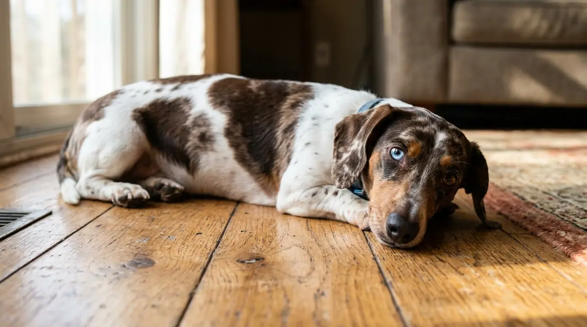 Double dapple dachshund with irregular white patches and wall eye lying on wooden floor