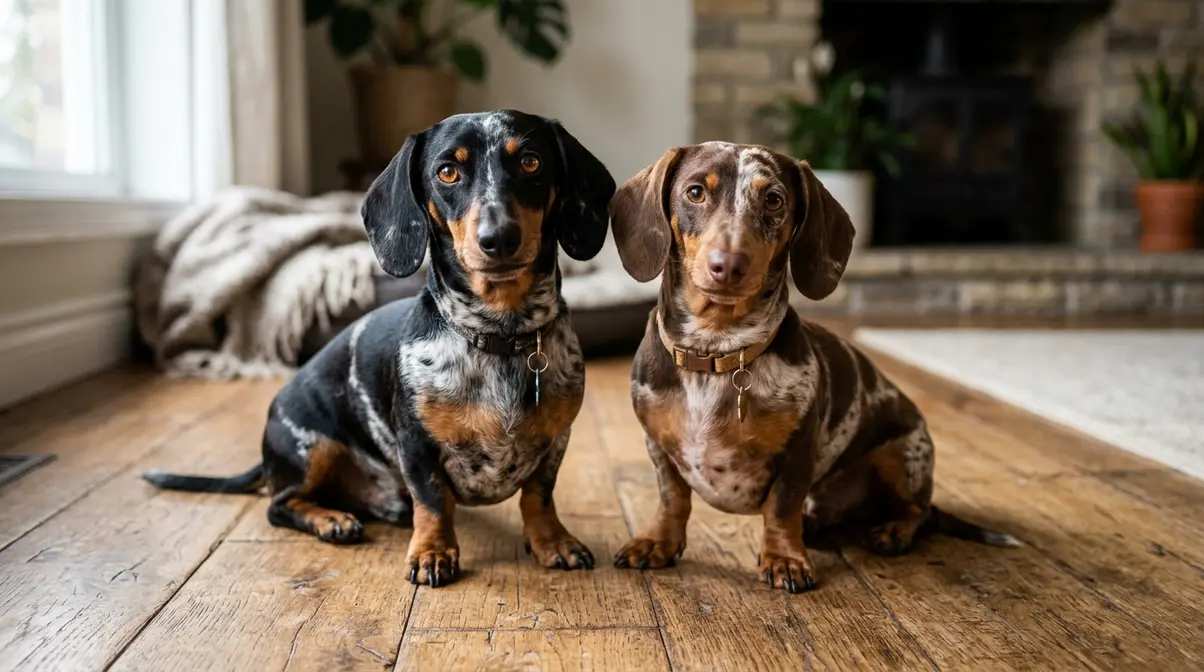 Two double dapple dachshunds showing black and chocolate base coat color variations