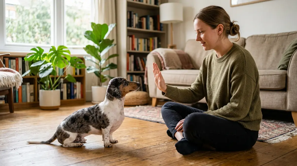 Person using hand signal to train a deaf double dapple dachshund in a home living room