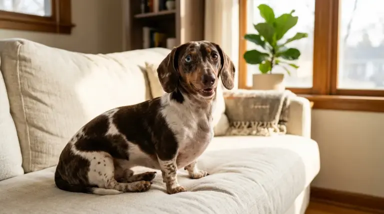 Double dapple dachshund with white patches and wall eye sitting on cream sofa