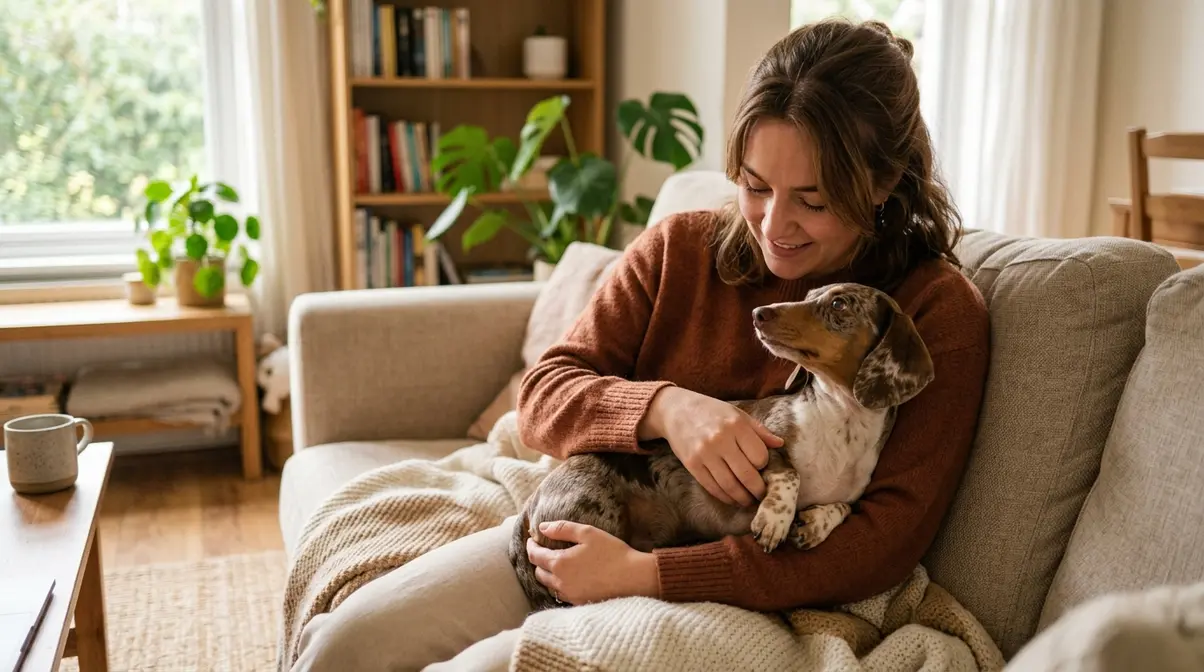 Person gently holding a double dapple dachshund with white patches in a warm home setting