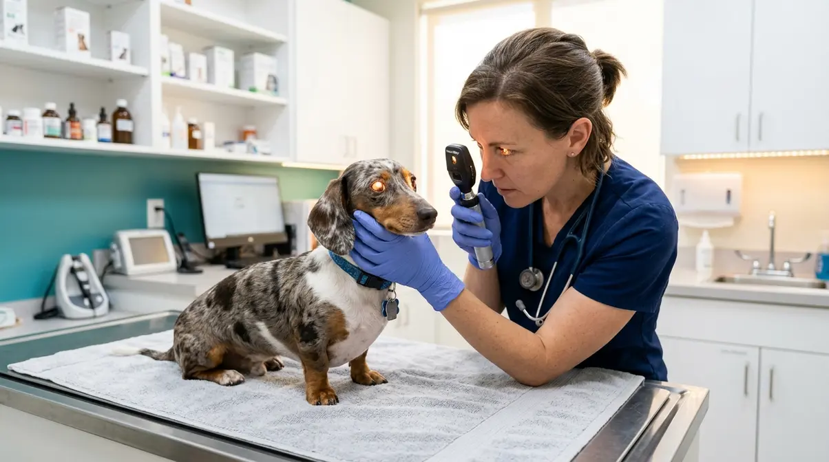 Double dapple dachshund receiving eye examination at veterinary clinic