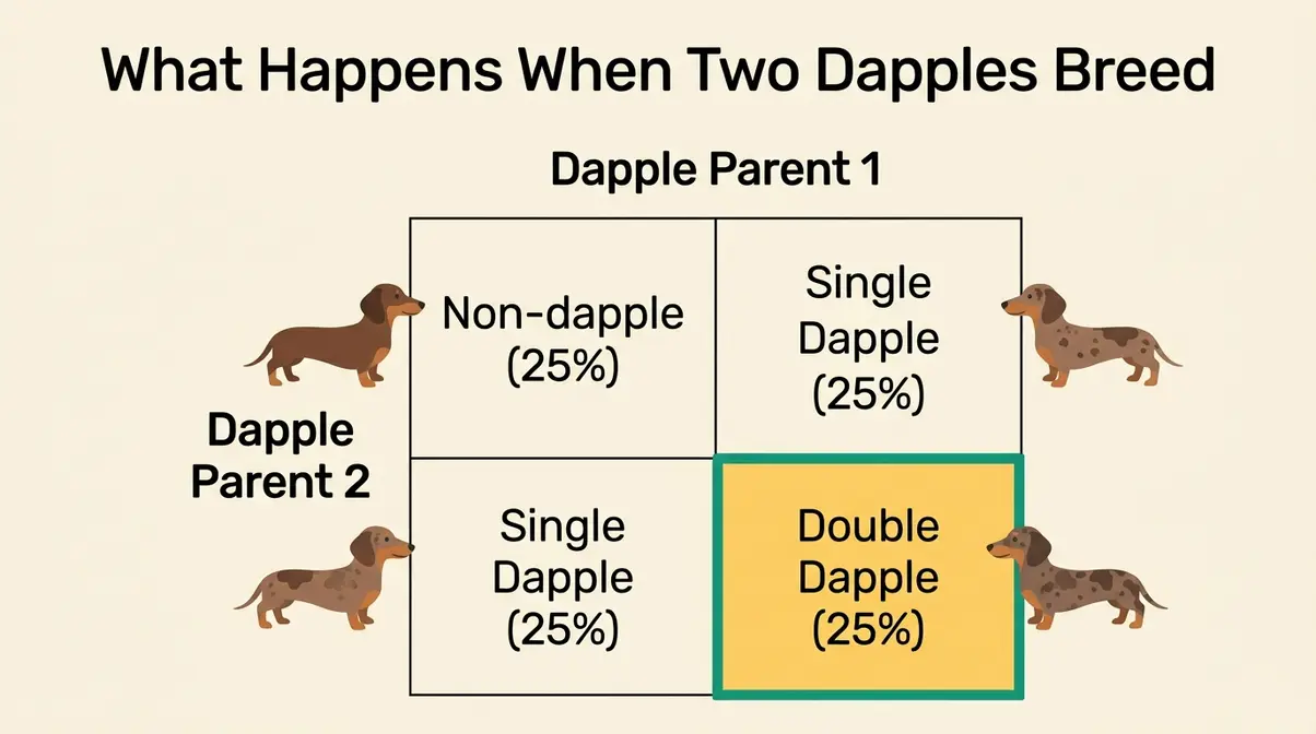 Punnett square infographic showing 25 percent double dapple dachshund risk from dapple breeding pair