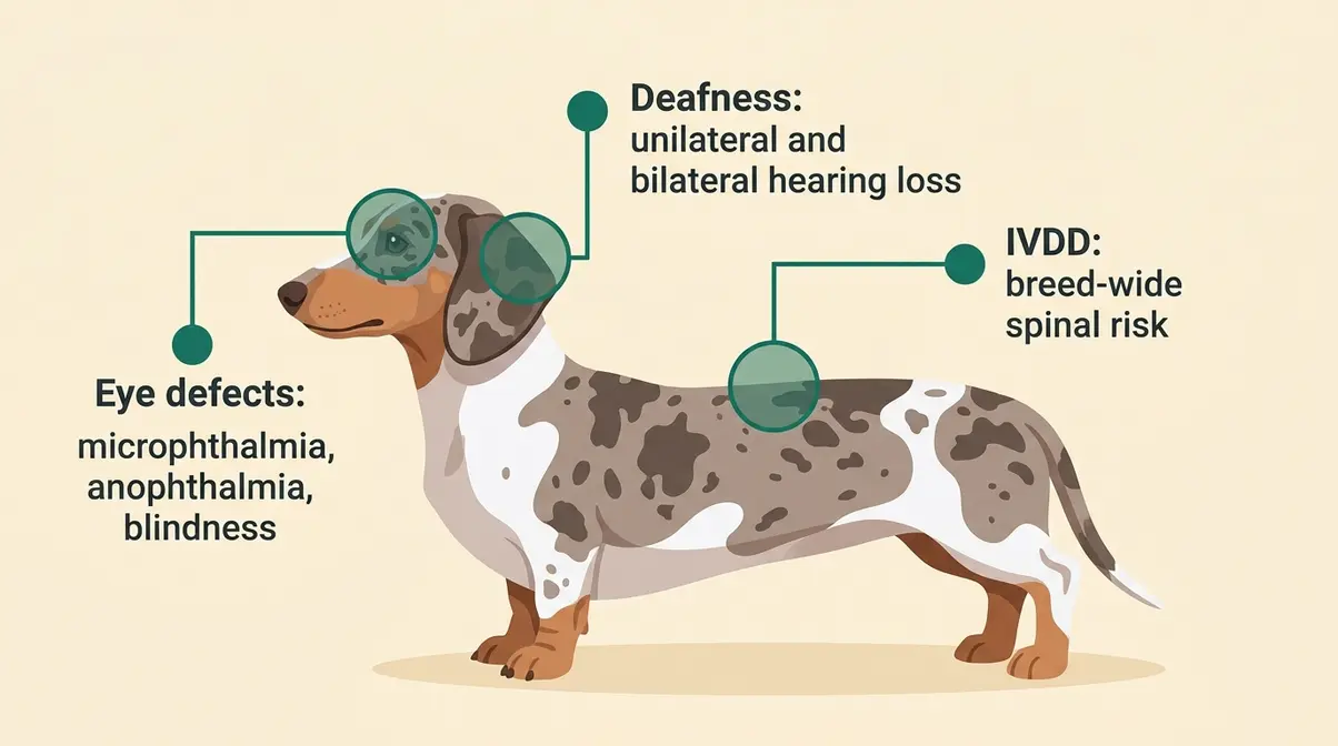 Anatomical diagram of double dapple dachshund highlighting eye ear and spine health risk areas