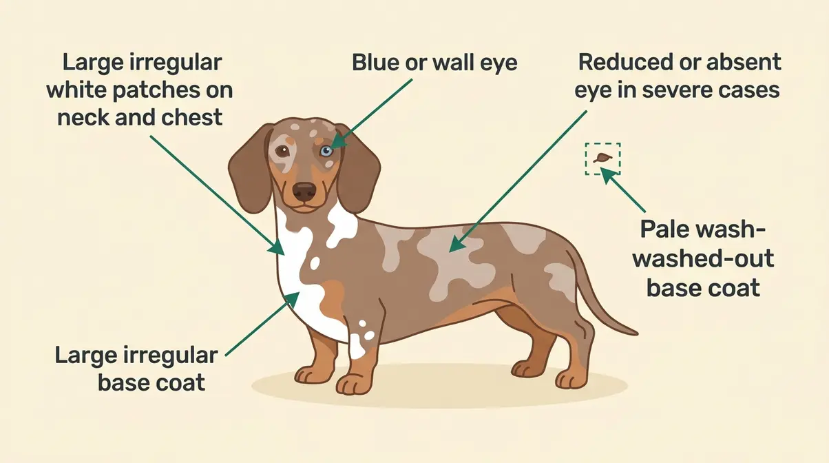 Annotated diagram showing double dapple dachshund identification markers including white patches and blue eyes