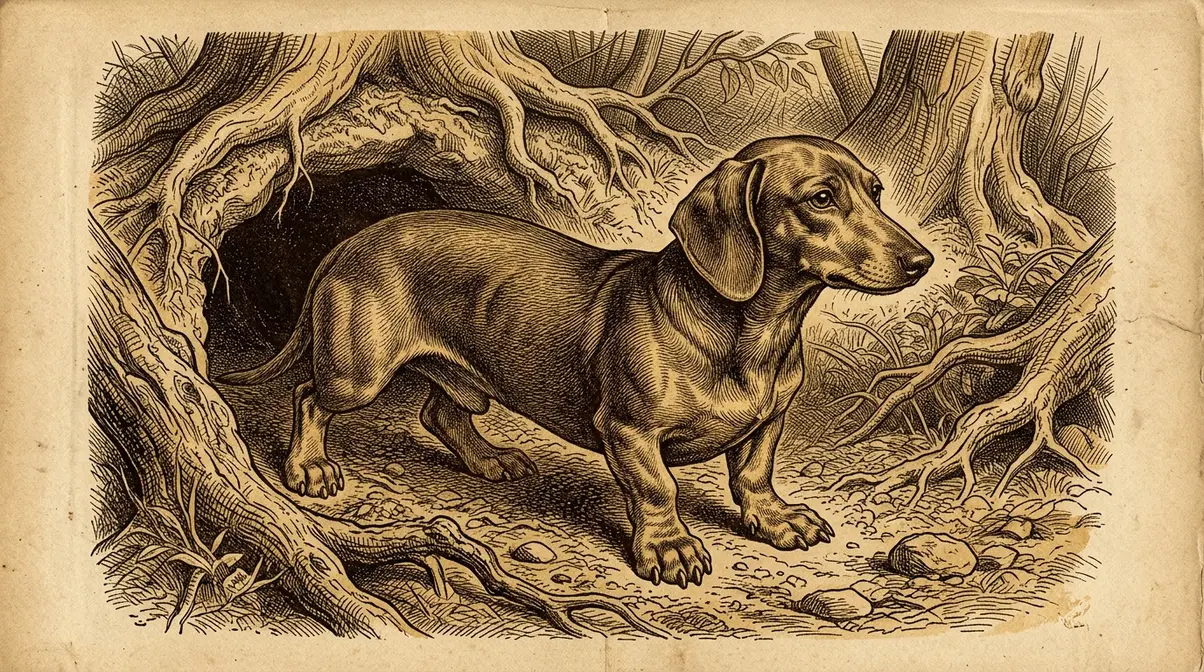 Historical illustration of an early smooth-haired dachshund used for badger hunting in 17th-century Germany