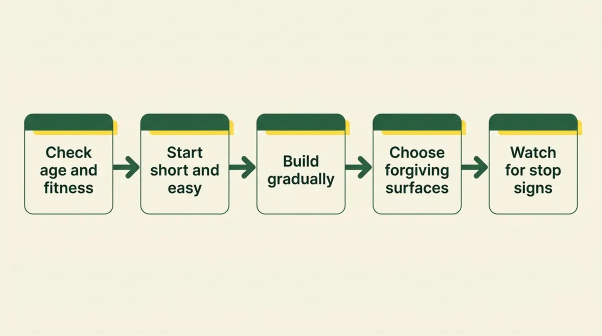 Flow of five steps for safely building up running with a dachshund