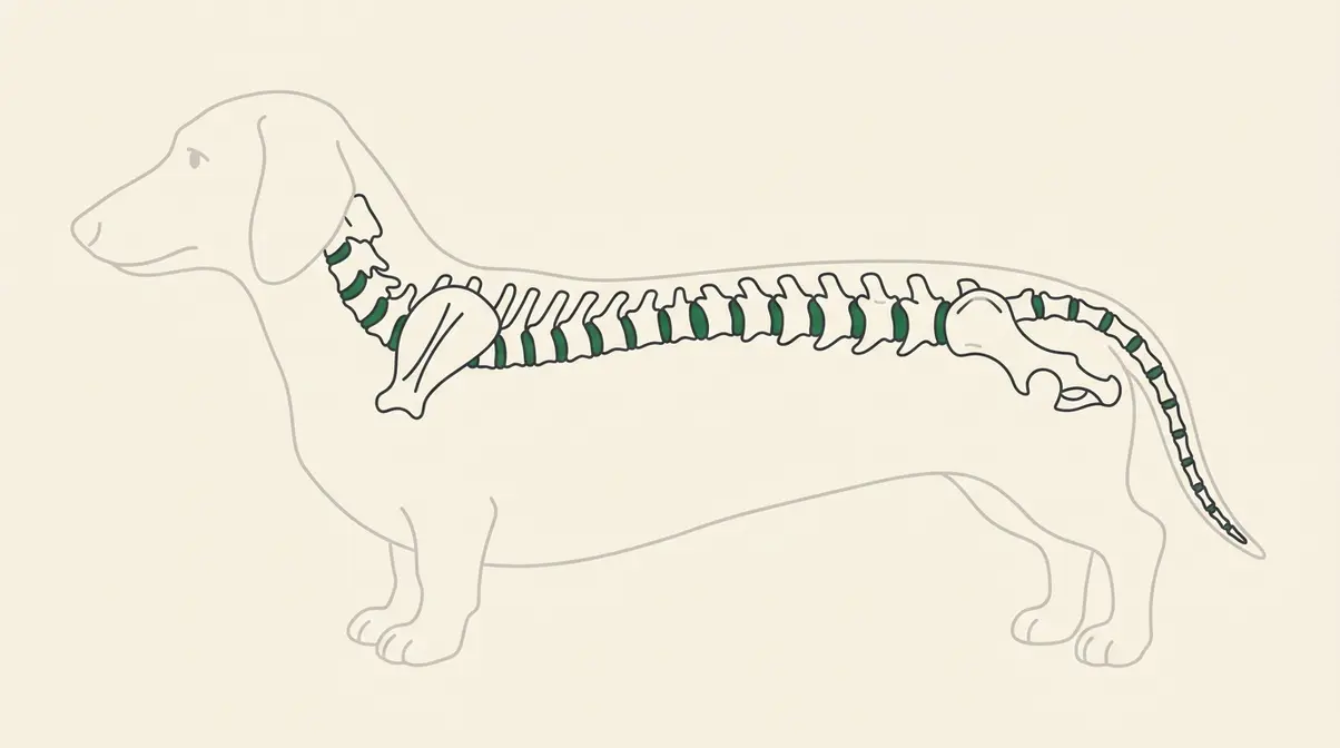 Line-art side view of a dachshund spine with cushioning discs between the bones