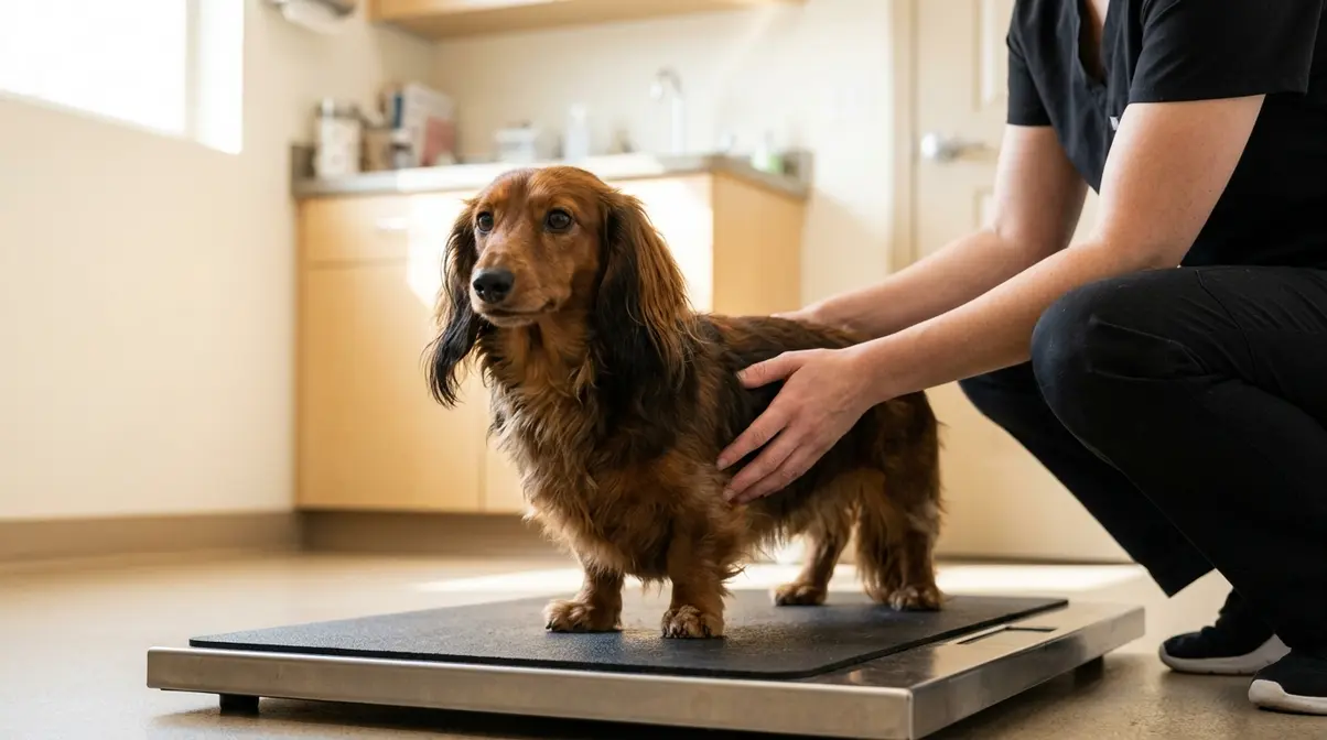Long-haired dachshund standing on a veterinary scale beside a vet