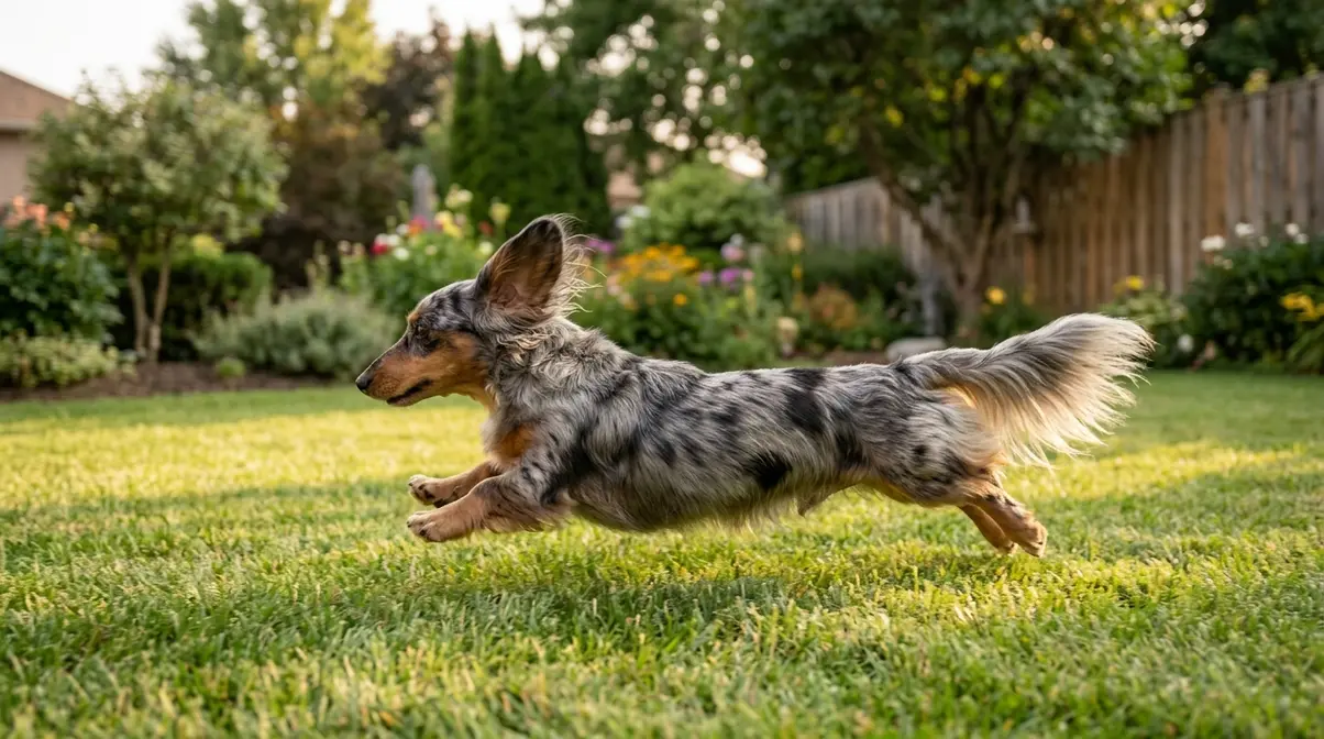 Longhaired dapple dachshund galloping across a sunny garden lawn