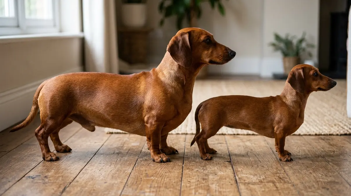 Miniature and standard short hair dachshund photographed together indoors showing clear size difference