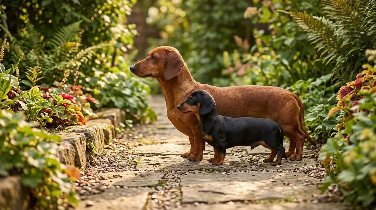 Miniature and standard dachshund standing side by side on a garden path