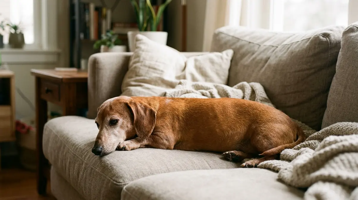 Older smooth red dachshund resting on a sofa in soft window light
