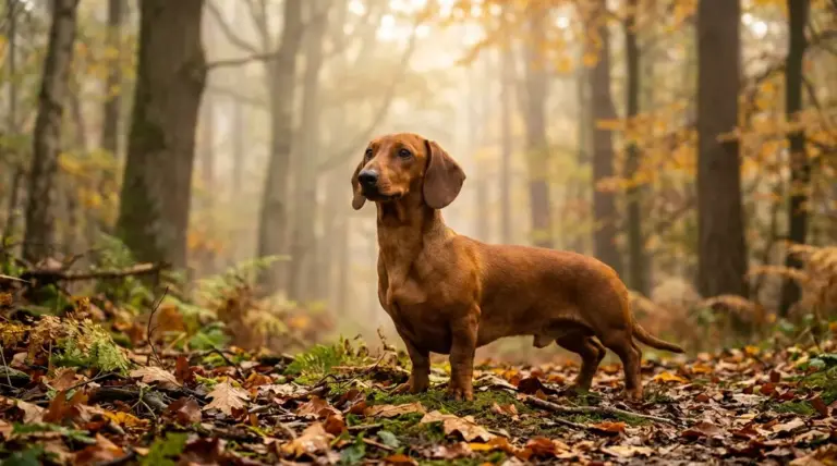 Smooth-haired dachshund standing alert in a misty German forest, showing the breed's origin