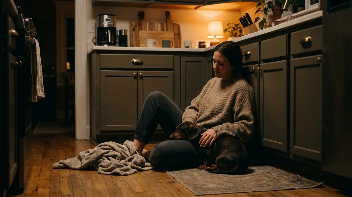 Owner sitting on the floor comforting a resting dachshund in warm evening light
