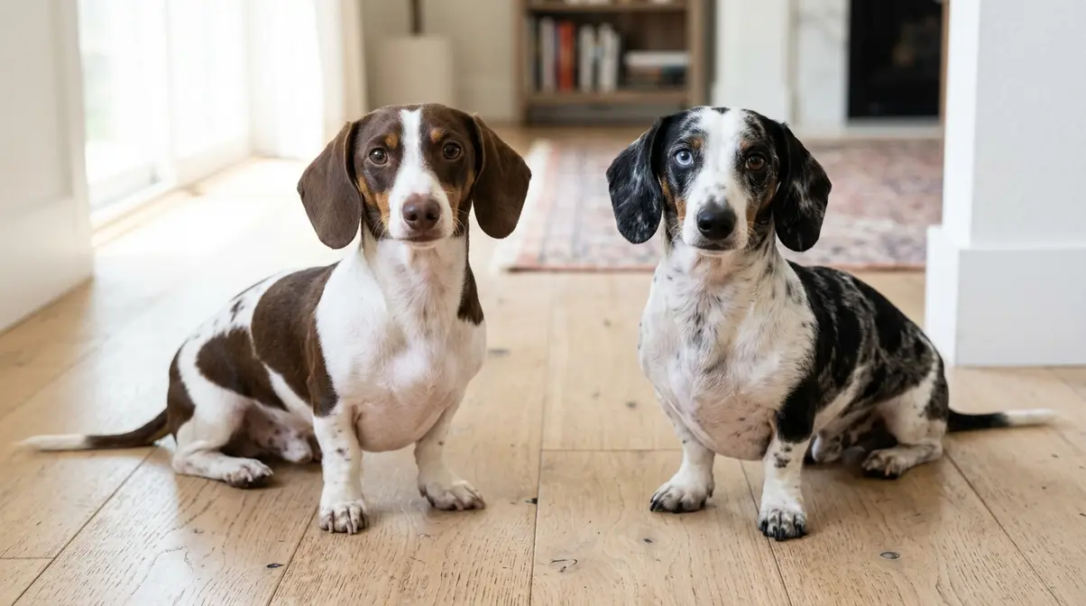 Piebald dachshund and double dapple dachshund sitting side by side showing coat pattern differences