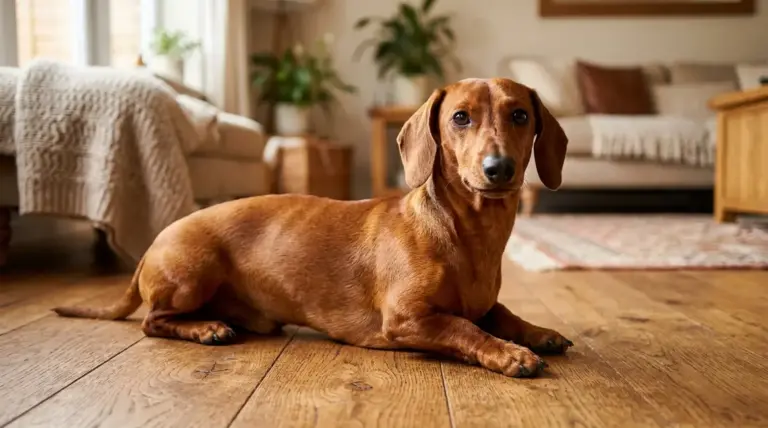 Short hair dachshund with glossy red coat resting on warm wooden floor in home