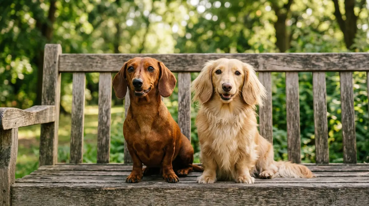 Short hair dachshund and long-haired dachshund sitting side by side on park bench showing coat difference
