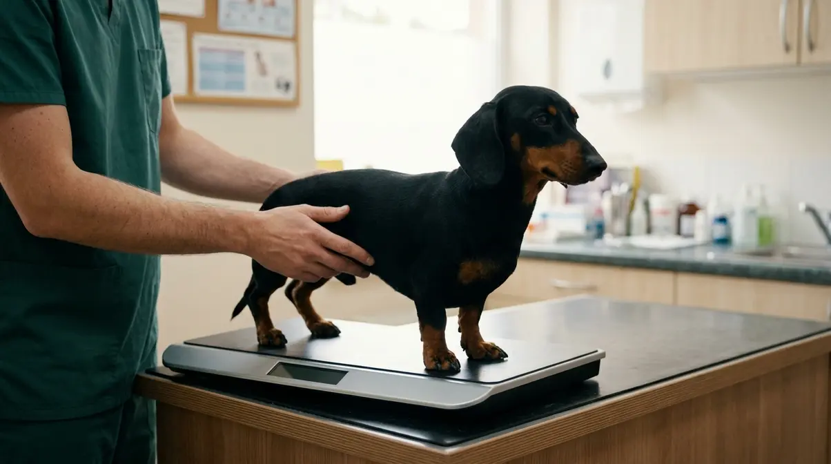 Smooth black and tan dachshund standing on a veterinary scale while a vet watches