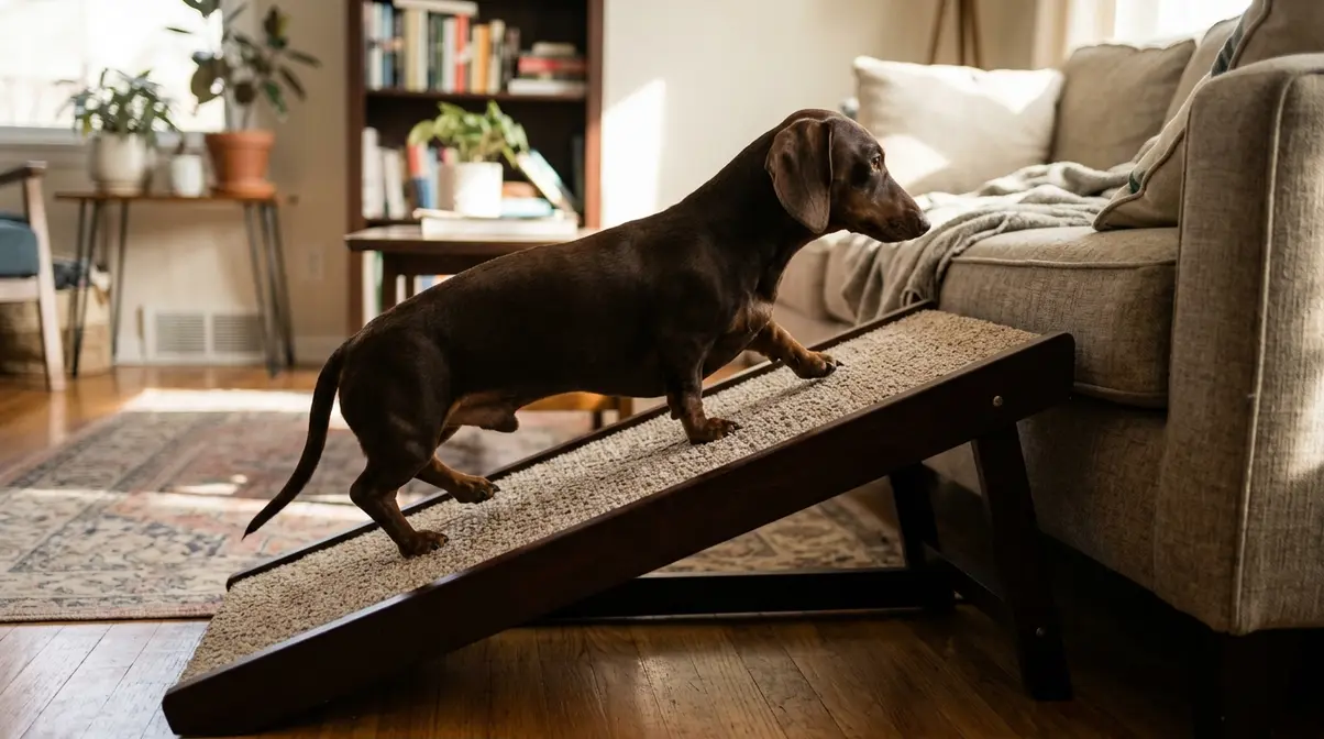 Smooth chocolate dachshund walking up a pet ramp onto a sofa