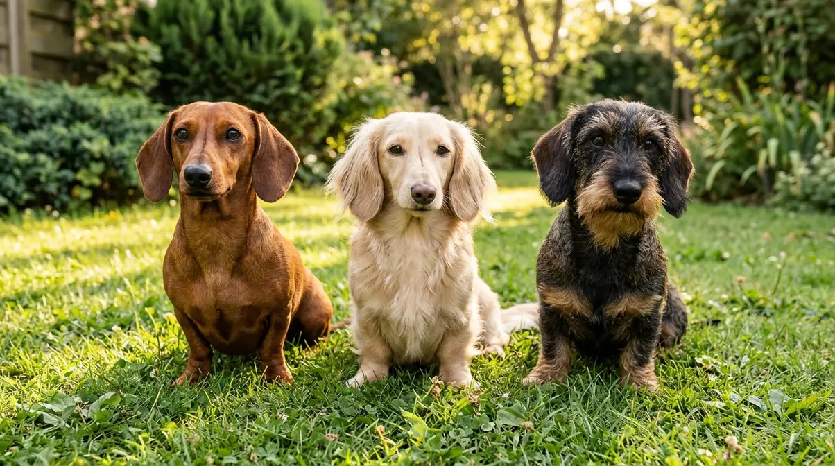 Smooth, long-haired and wirehaired dachshunds sitting together on a sunny lawn