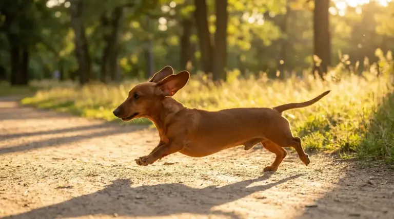 Smooth red dachshund running along a sunlit park path at golden hour