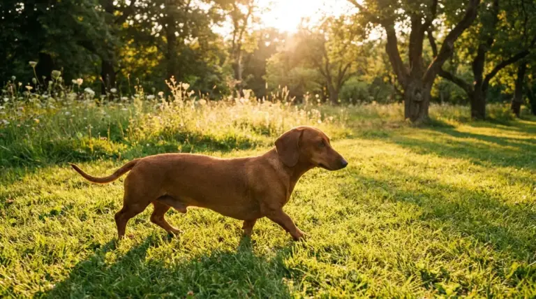 Smooth red dachshund walking across a sunlit park lawn at golden hour
