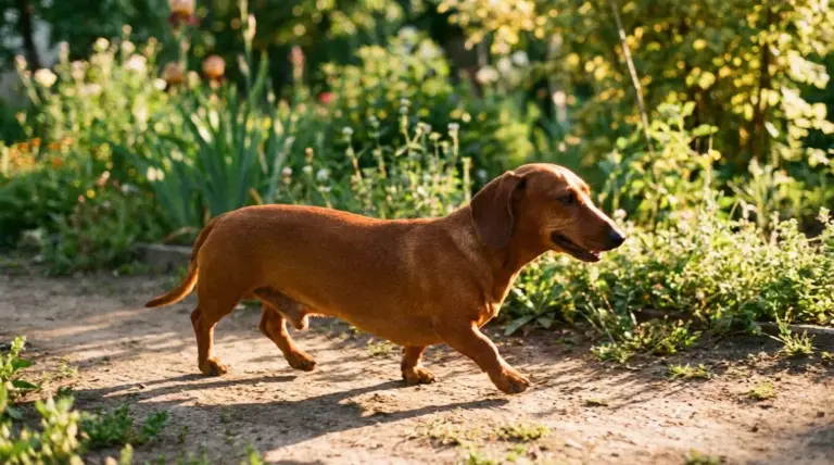 Smooth red dachshund walking along a sunlit garden path