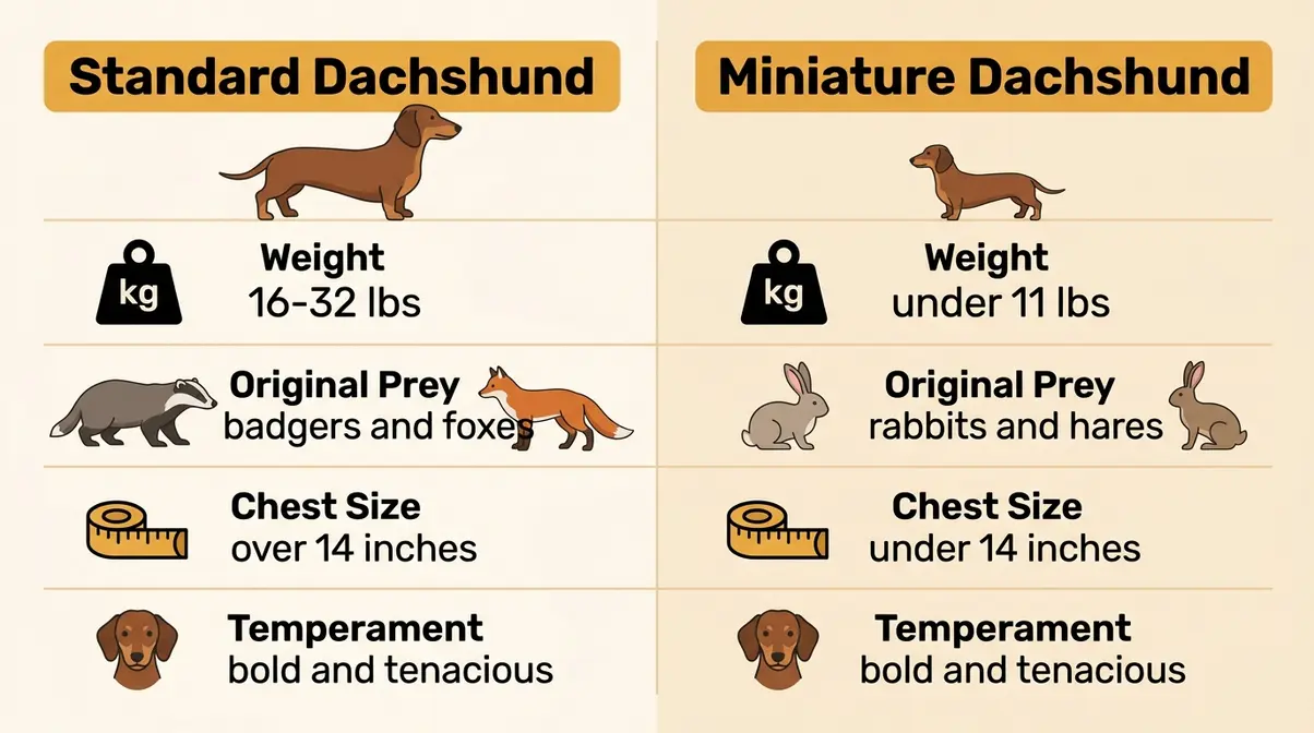 Comparison chart showing size, weight, original purpose, and temperament differences between standard and miniature dachshunds