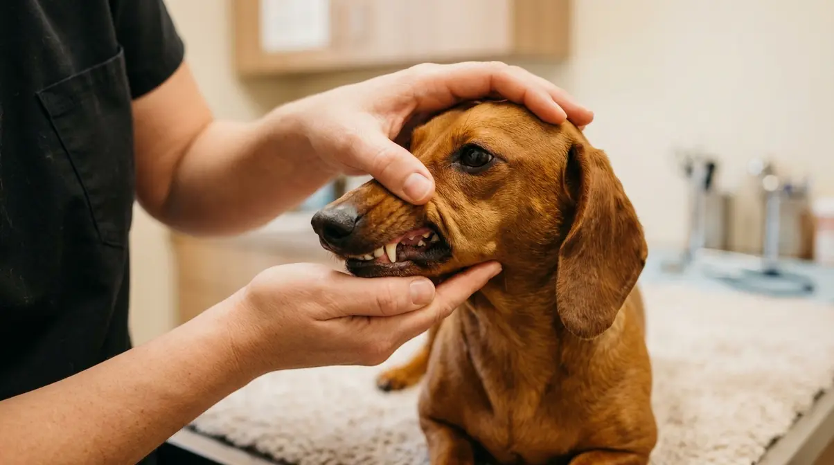 Veterinarian gently checking the teeth of a calm red dachshund