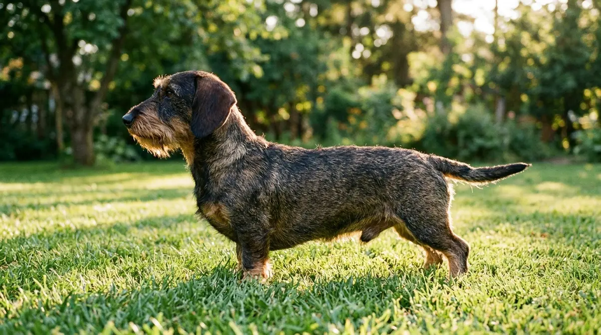 Wirehaired brindle dachshund standing in profile on grass, showing its long body and short legs